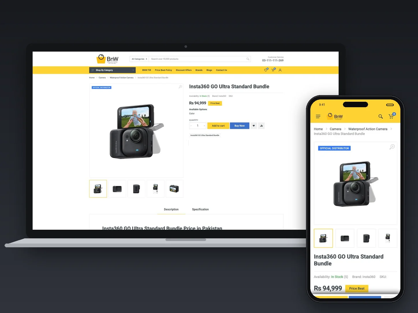 BnW Collections product page on desktop and mobile, showing price beat badge, stock status and Buy Now