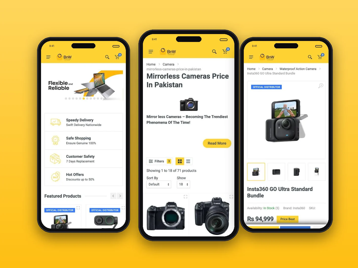 BnW Collections mobile storefront: home, category filters and product page