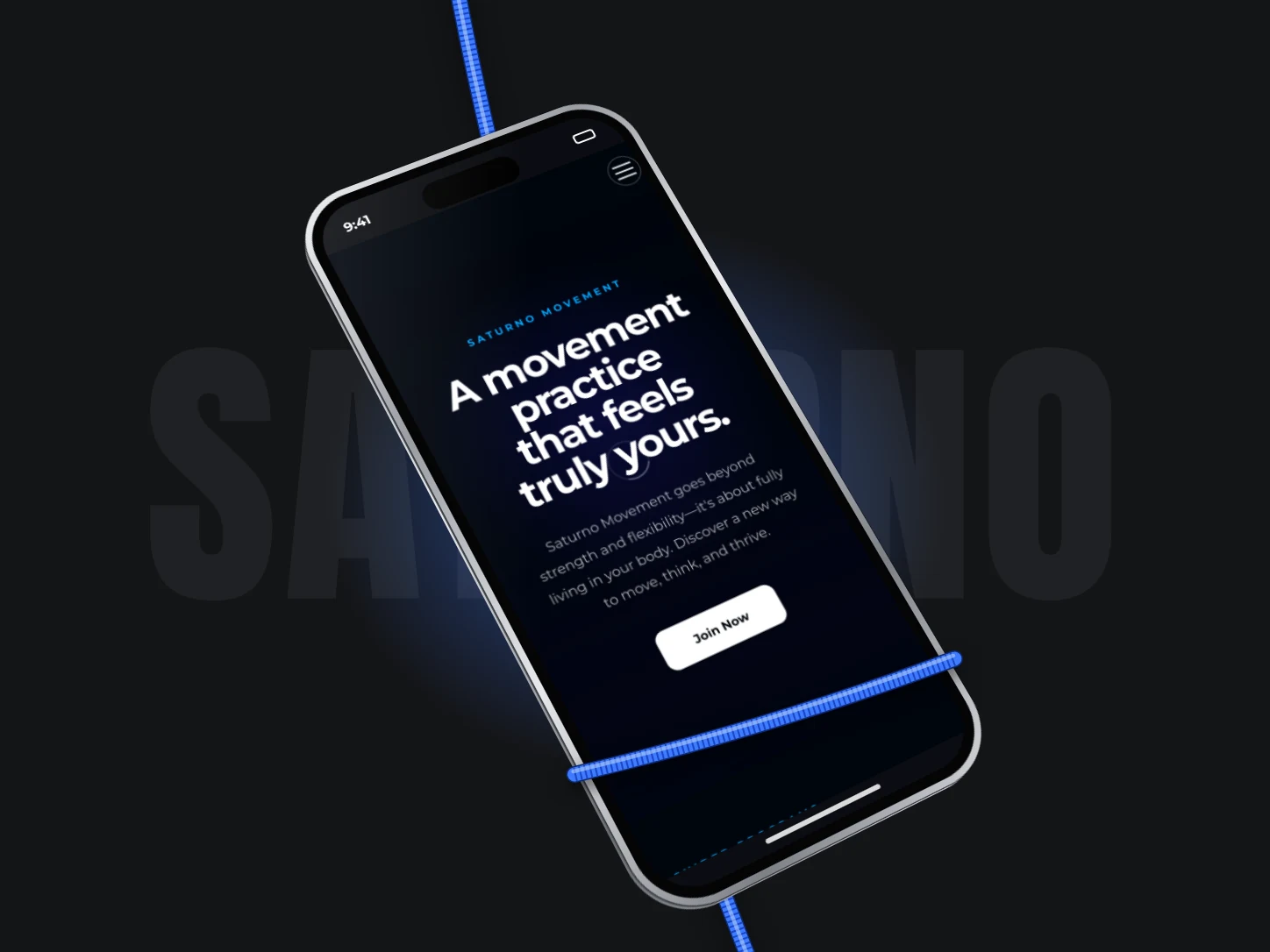 Saturno Movement mobile website home screen on a tilted phone wrapped in a blue rope
