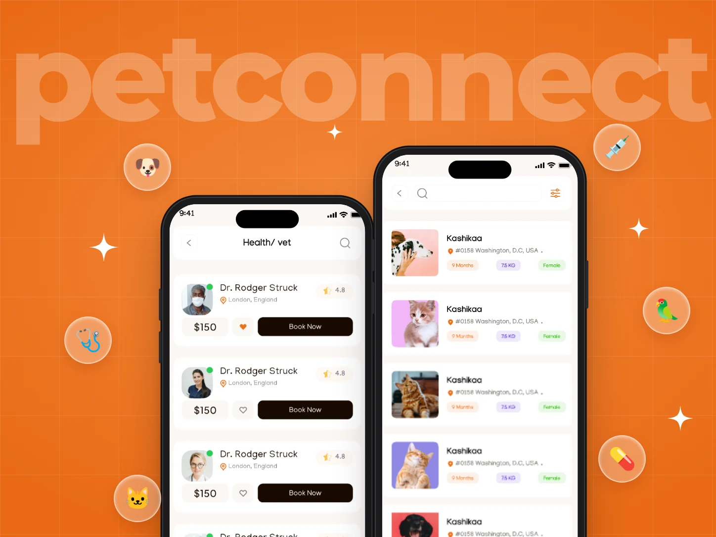 Pet Connect vet list and pet listings screens on two phones over an orange background