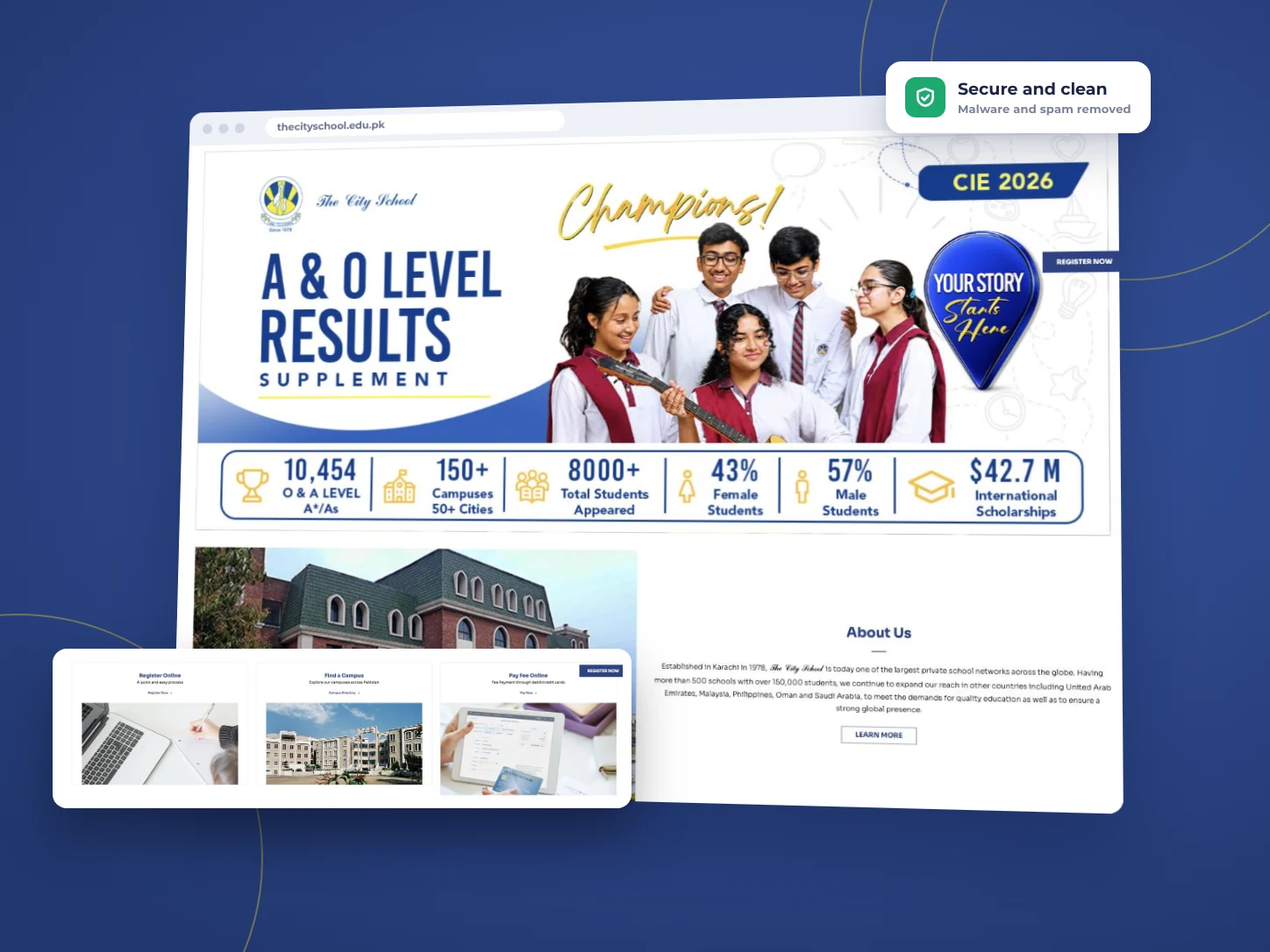 The City School website results and about sections in a browser window