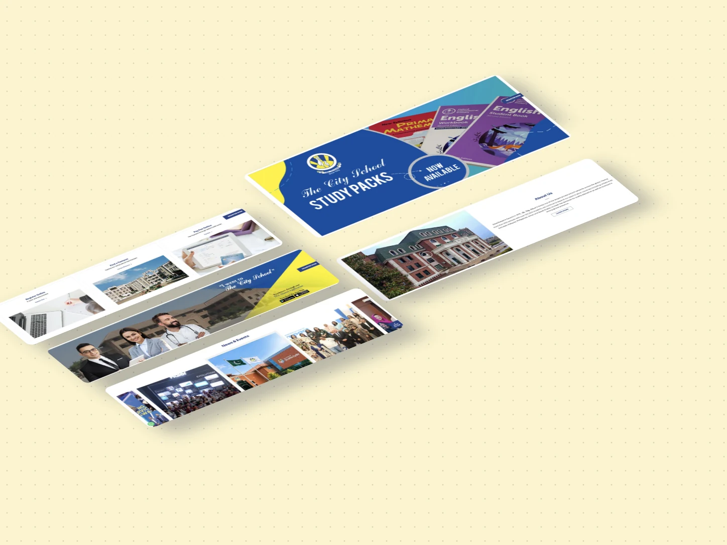The City School website sections laid out in an isometric grid