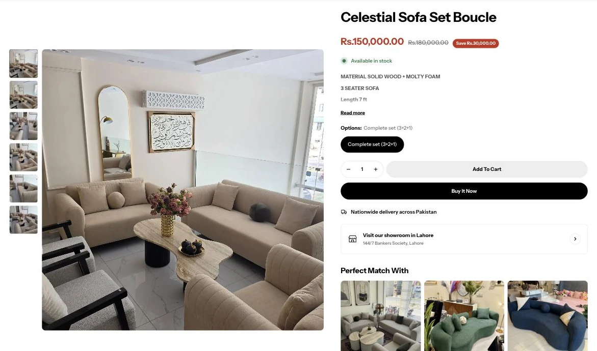 Wood Action product page for the Celestial sofa set with pricing, options and Perfect Match products