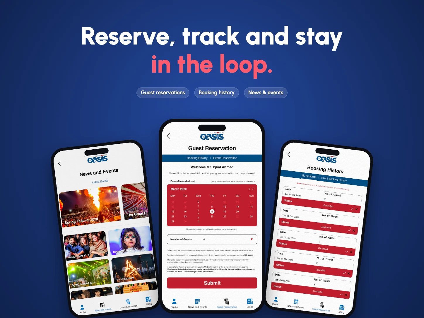 The Oasis app on three phones: booking history, guest reservation calendar and news and events