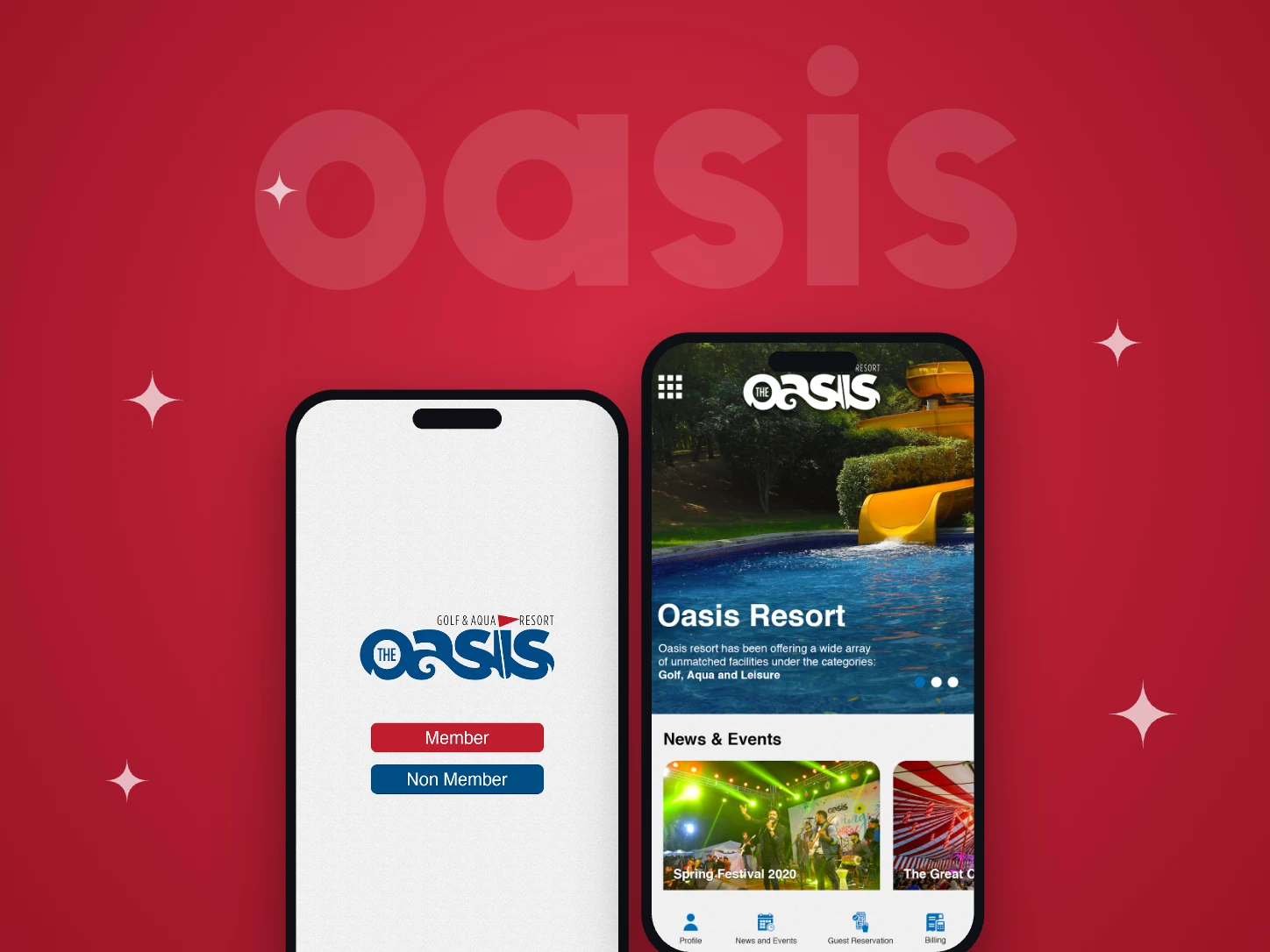 The Oasis app welcome screen with member and non-member login next to the resort home screen