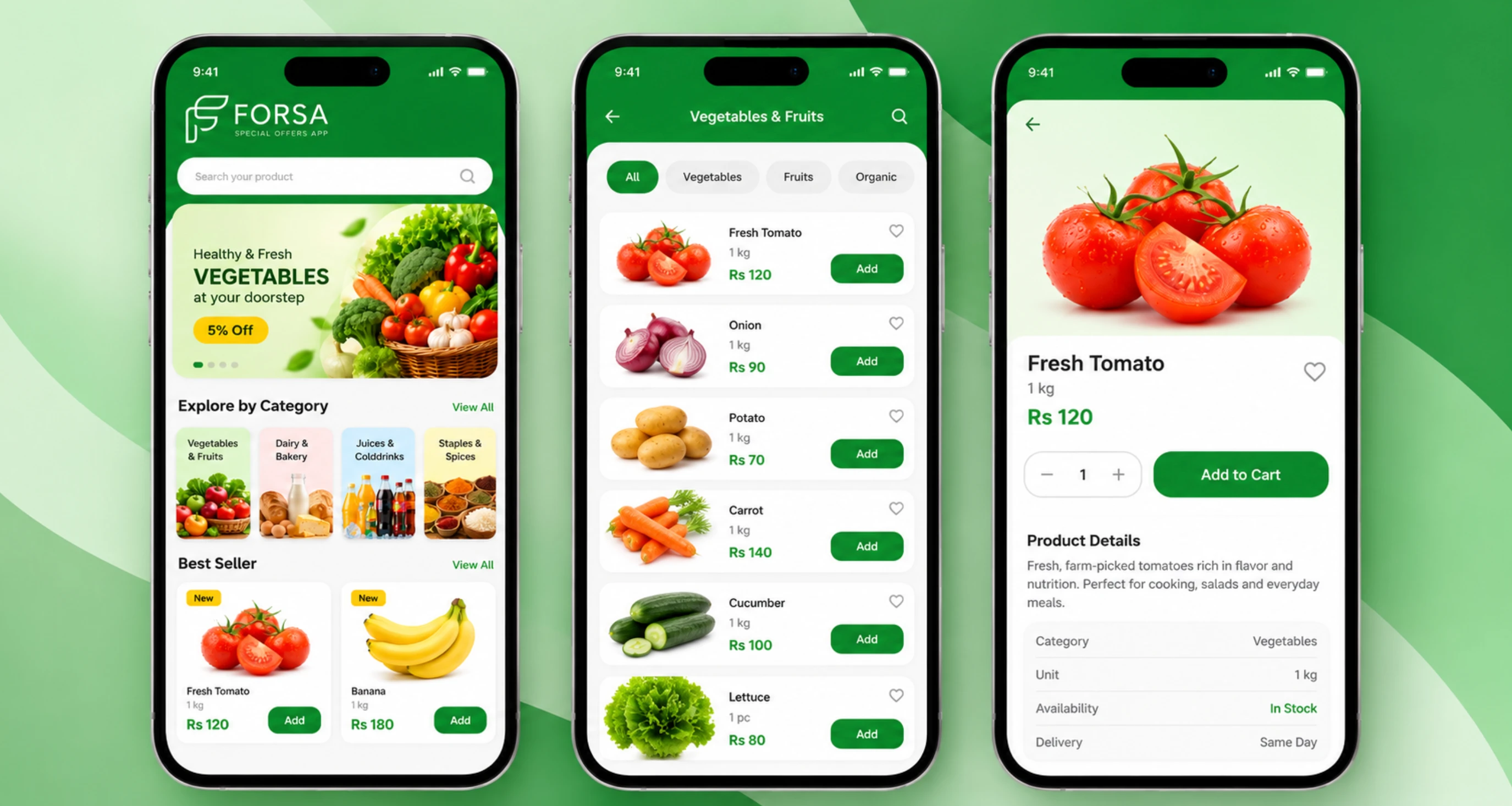 Forsa home, Vegetables and Fruits list and Fresh Tomato product screens