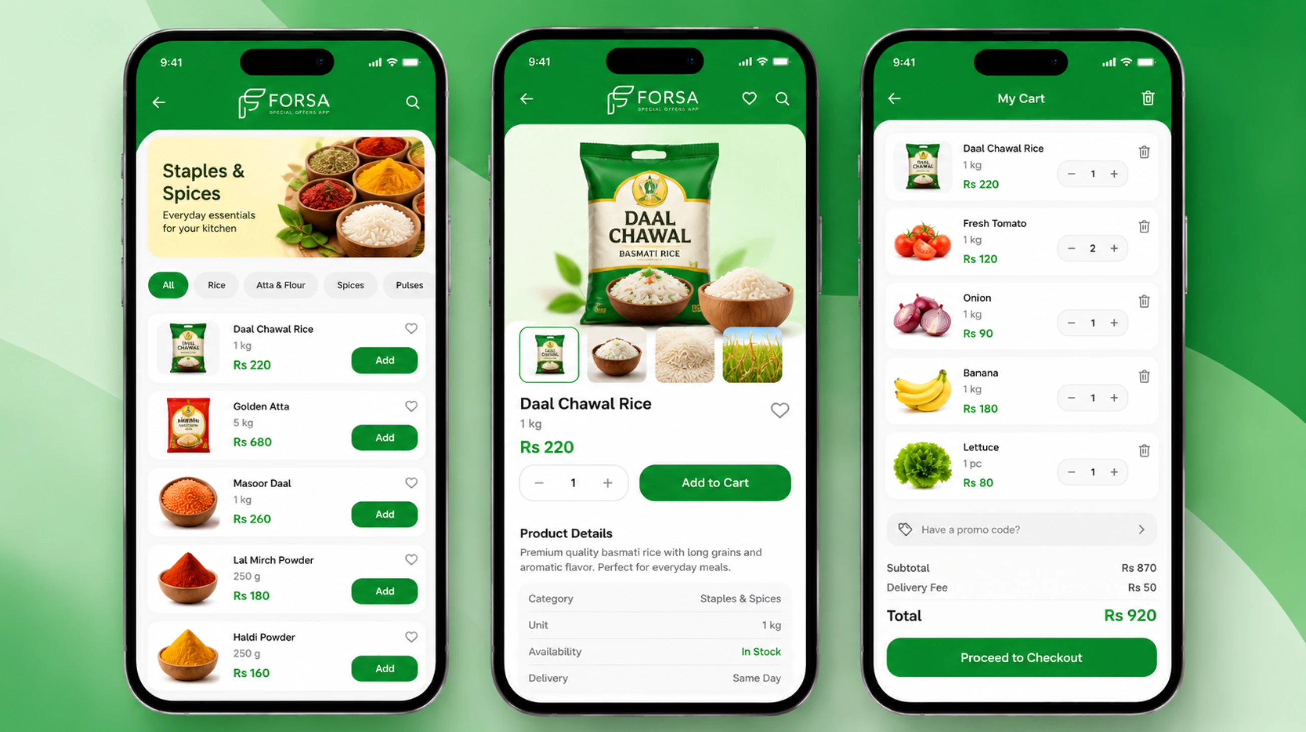 Forsa Staples and Spices list, product detail and cart with promo code and checkout
