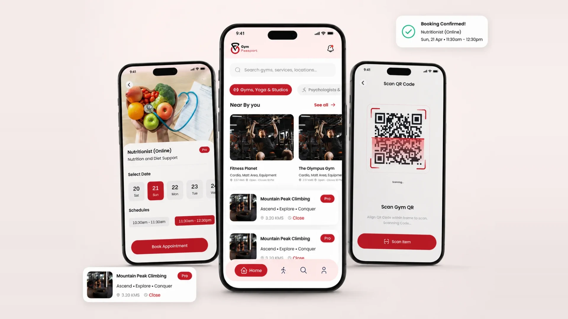 Gym Passport app screens showing a nutritionist booking, nearby gyms and classes, and QR code check-in