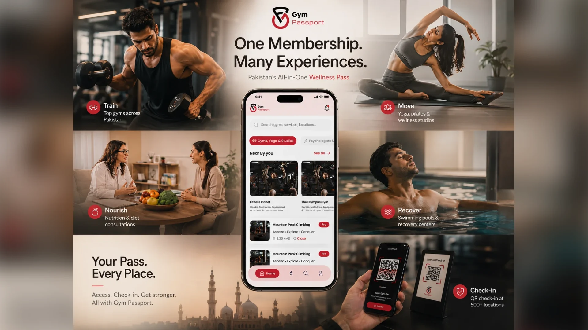 Gym Passport overview: one membership for training, yoga, nutrition and recovery, with QR check-in at partner venues