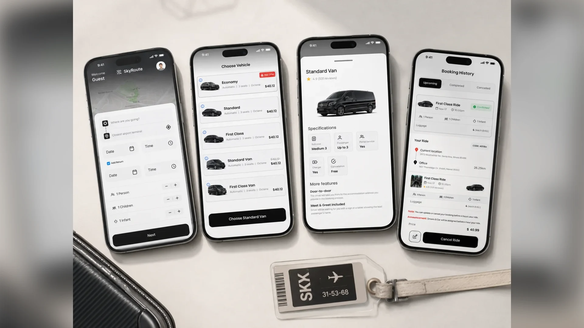 SkyRoute passenger app screens for booking a ride, choosing a vehicle class and viewing booking history