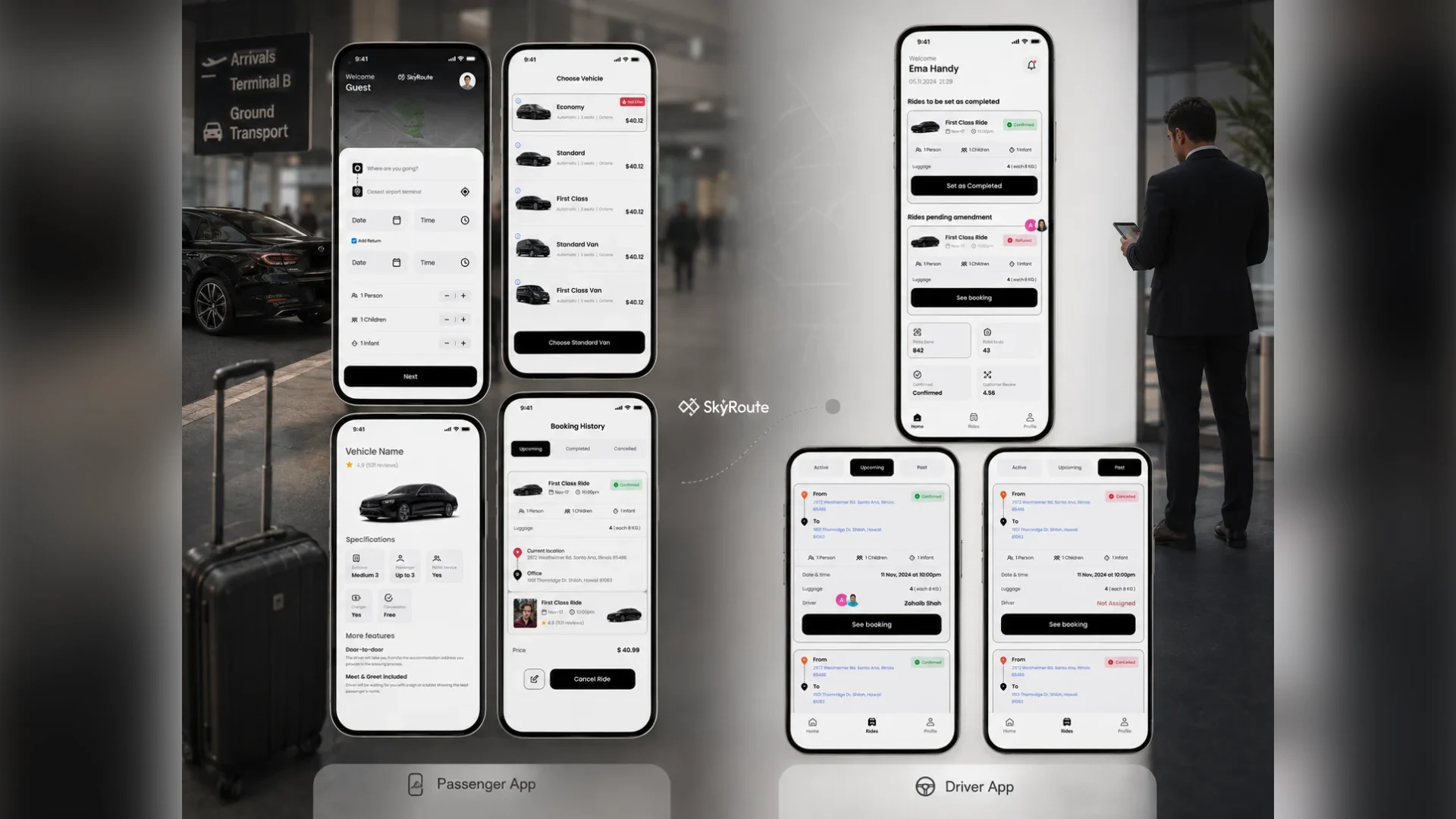SkyRoute passenger app and driver app screens shown side by side