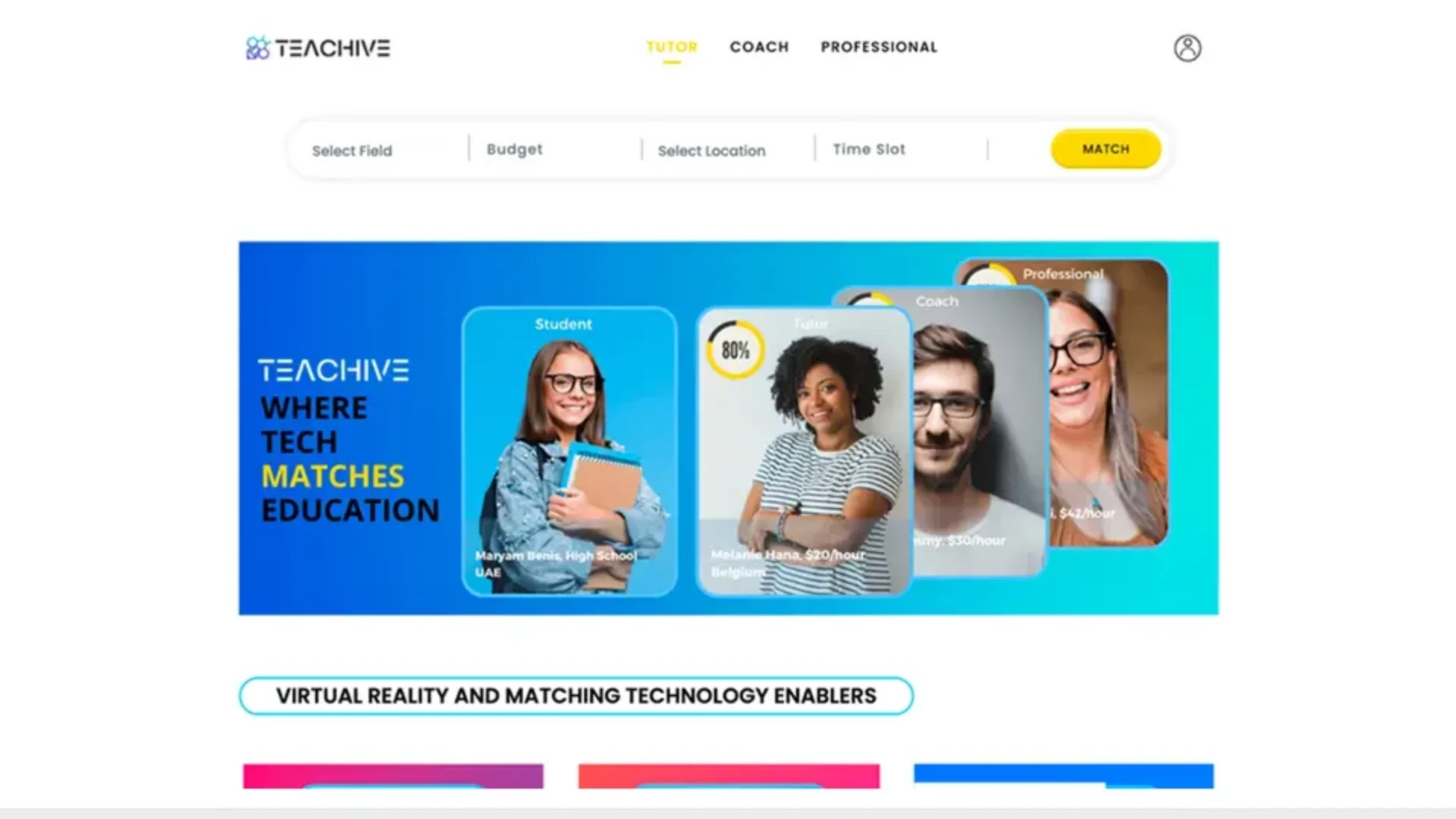 Teachive homepage with the match search bar and student, tutor, coach and professional cards