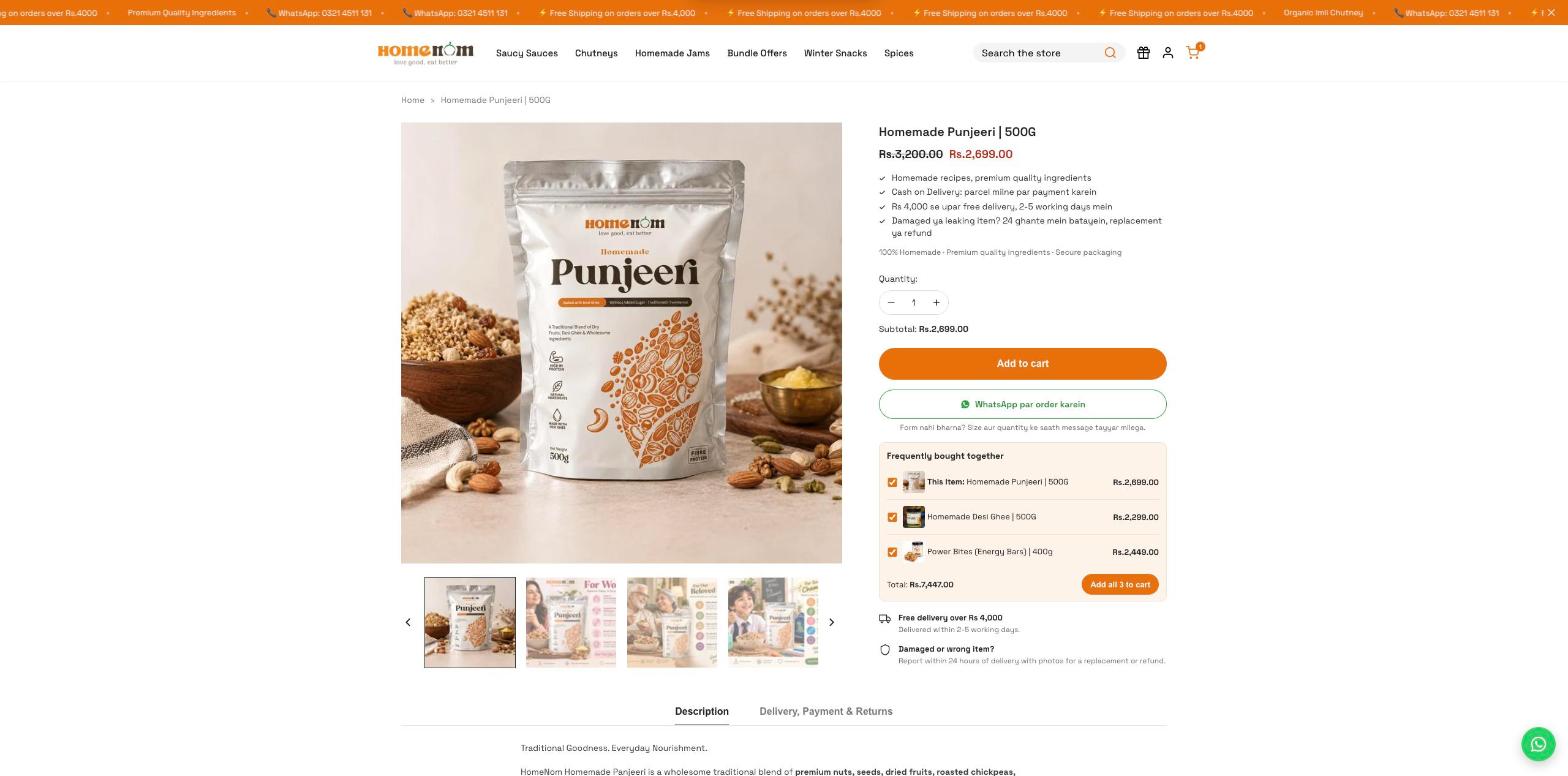 Homenom product page for Homemade Punjeeri with WhatsApp ordering, Frequently Bought Together and free delivery details