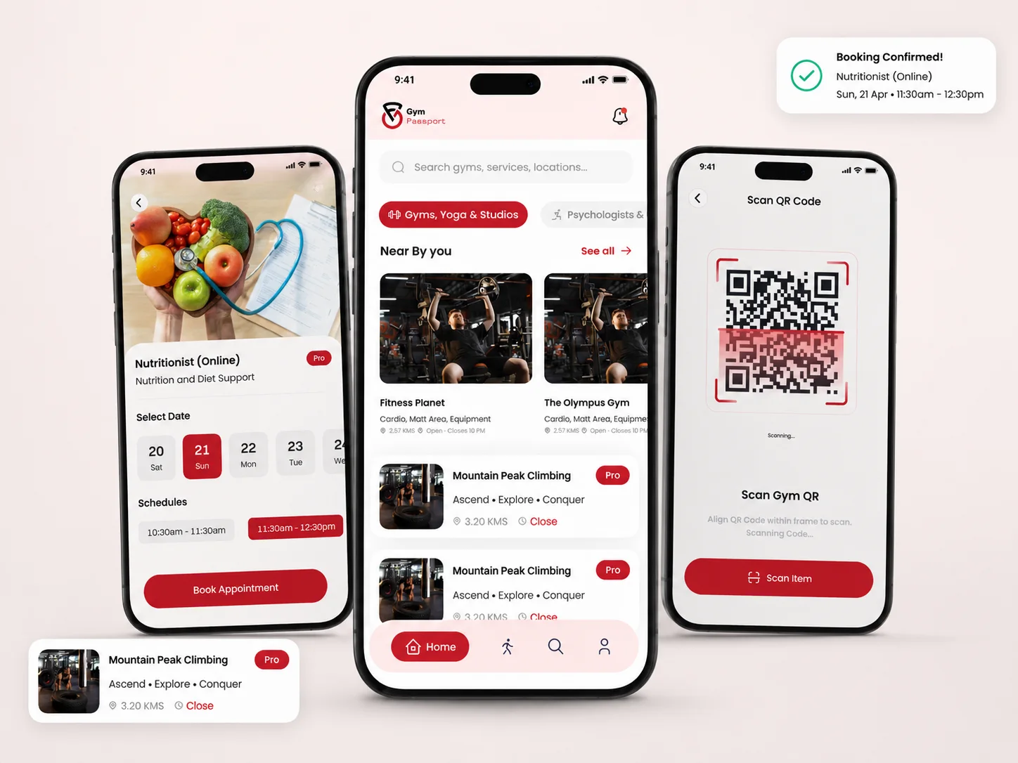 Gym Passport app screens showing a nutritionist booking, nearby gyms and classes, and QR code check-in