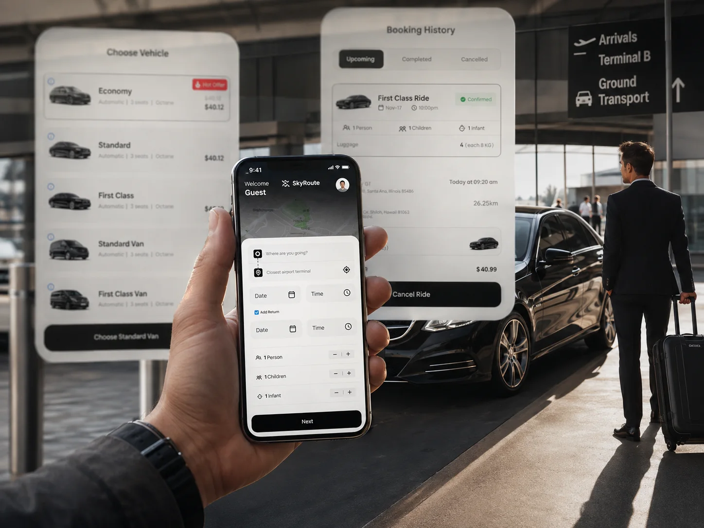 SkyRoute booking app in use at an airport, with vehicle options and booking history screens