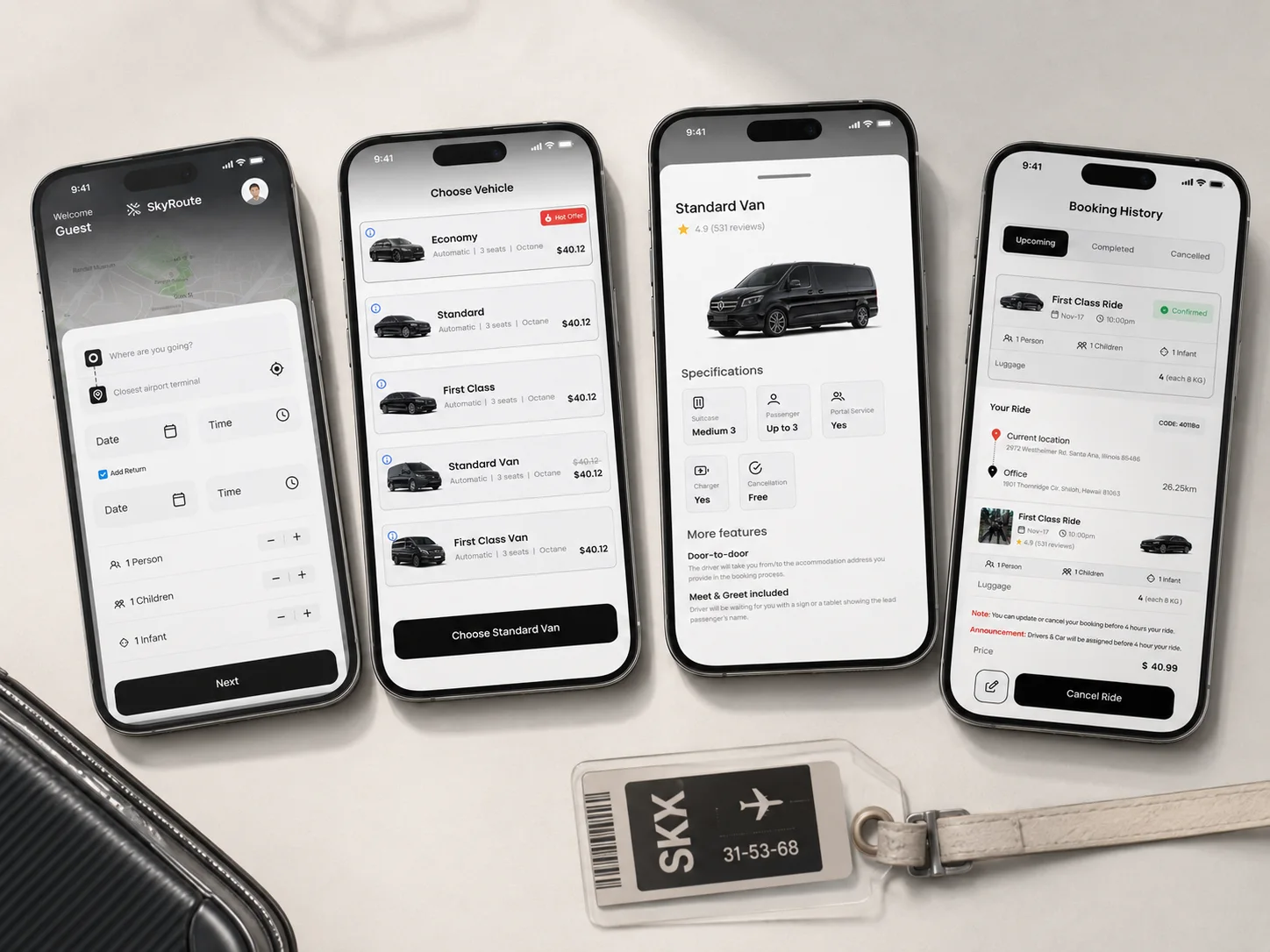 SkyRoute passenger app screens for booking a ride, choosing a vehicle class and viewing booking history